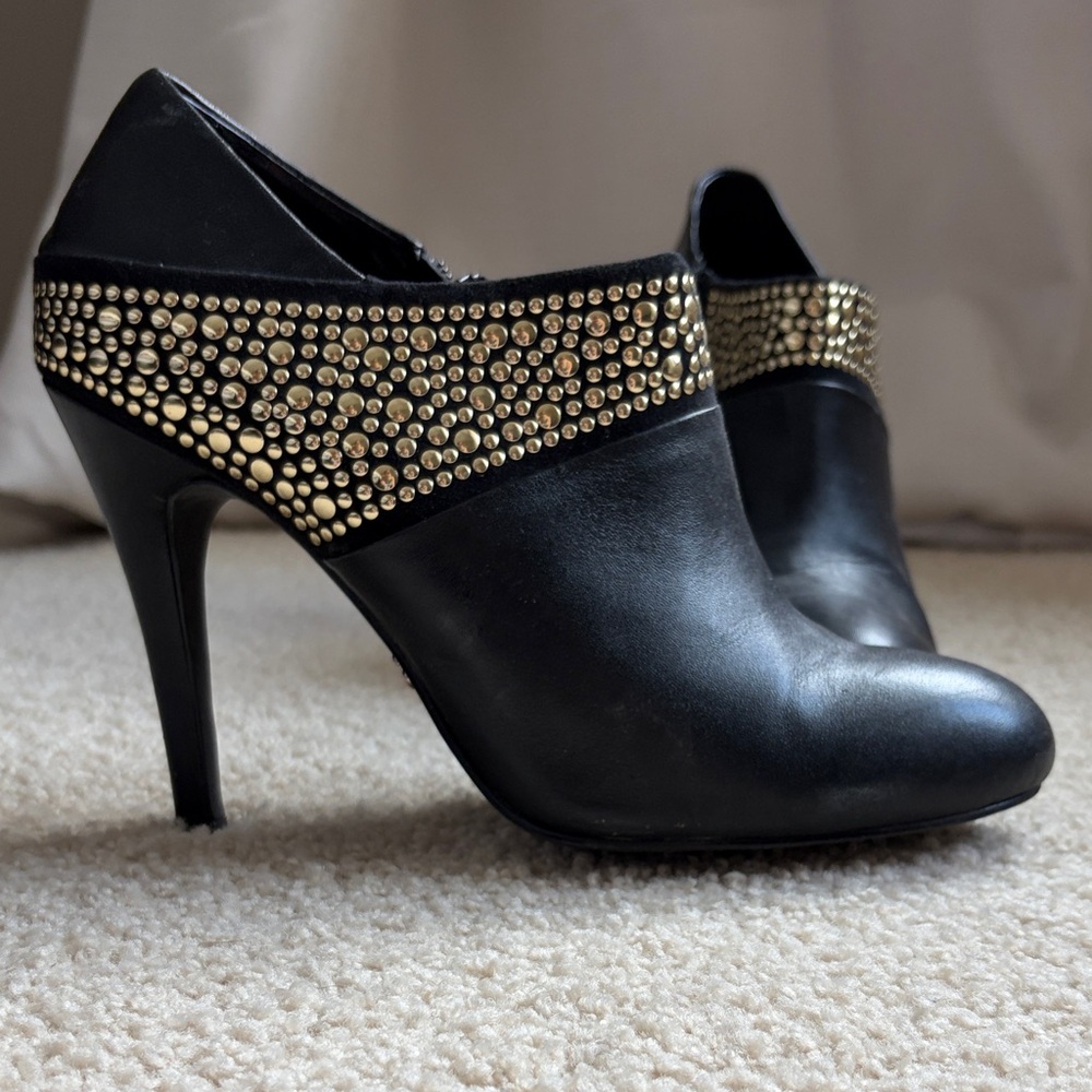 ABS Allen Schwartz Black Ankle Booties with Gold Stud Accents